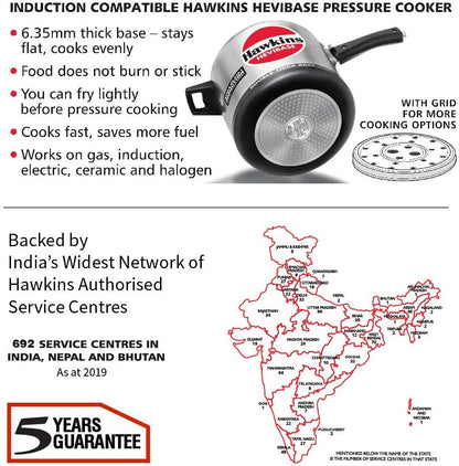 Hawkins Hevibase pressure cooker with features listed and a map of India showing service centers.