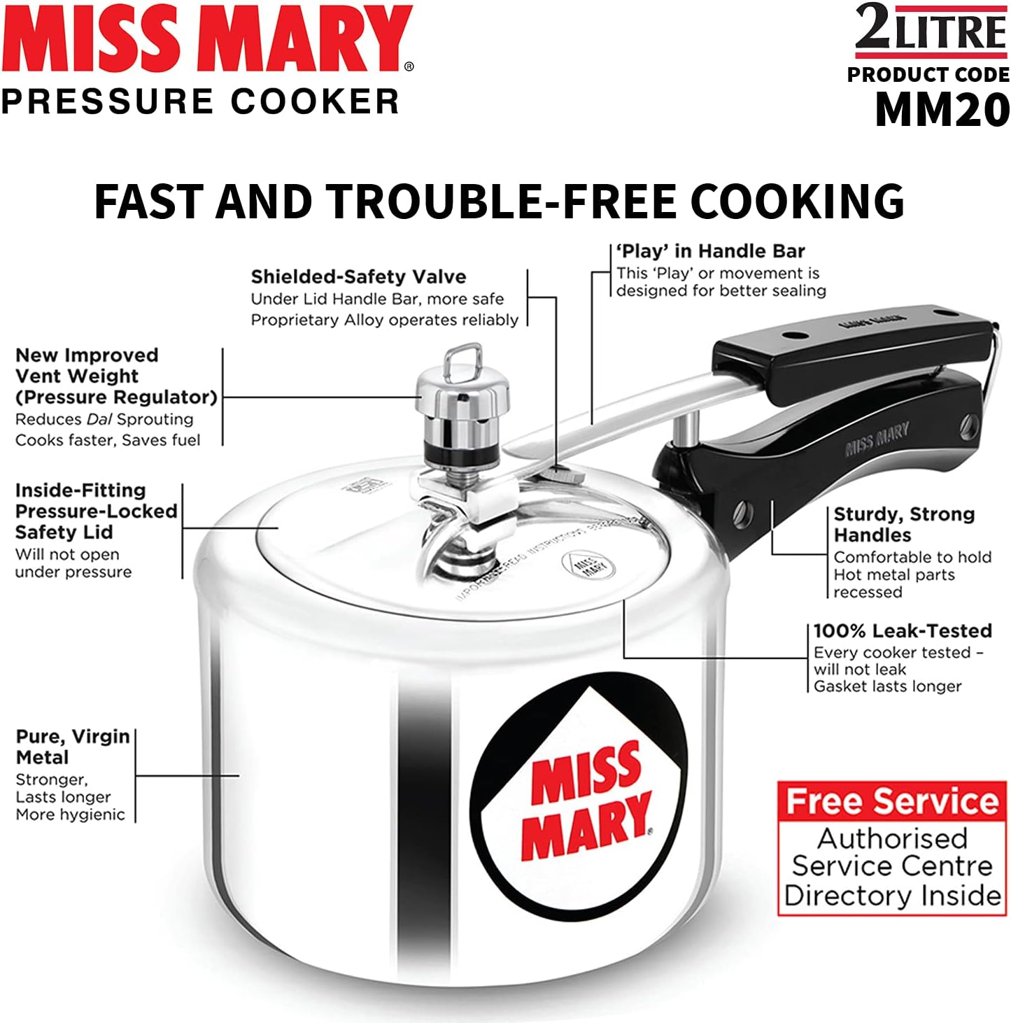 2 Litre Miss Mary pressure cooker with features highlighted on a white background
