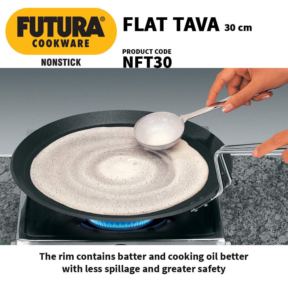 Hawkins Futura Flat Tava Non Stick Tawa with Stainless Steel Handle, Flat Pan with Rim for Pancakes, Roti, and Dosa