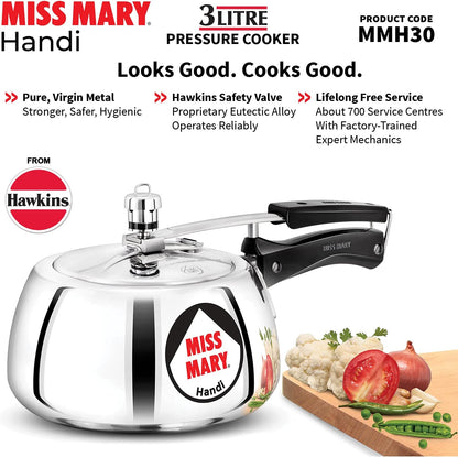 3 Litre Miss Mary Handi pressure cooker with Hawkins branding and product details on a white background