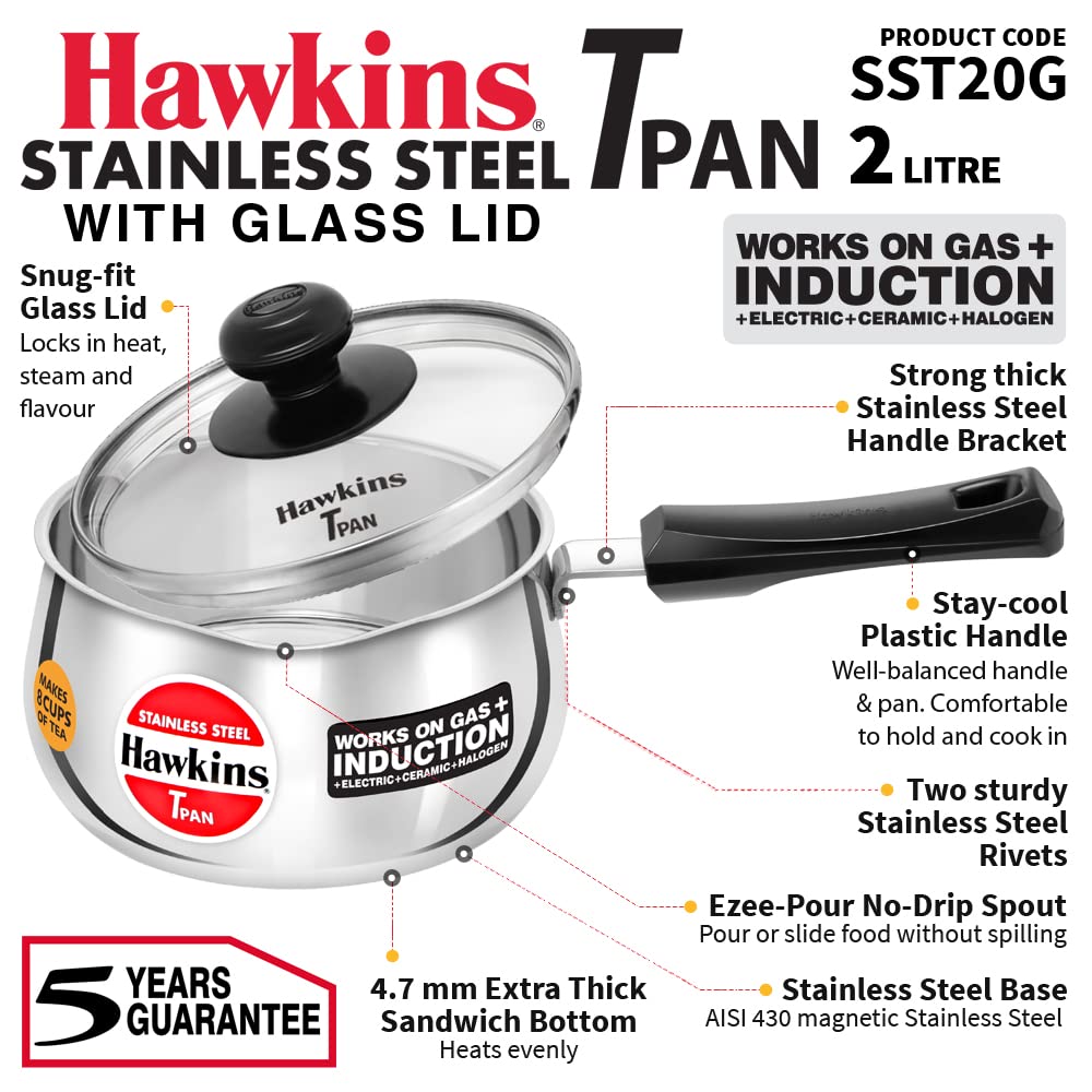 Hawkins Tpan  Stainless Steel Tea Pan with Glass Lid, Induction Sauce Pan, Non-Stick Chai Pan
