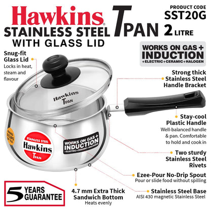 Hawkins Tpan  Stainless Steel Tea Pan with Glass Lid, Induction Sauce Pan, Non-Stick Chai Pan