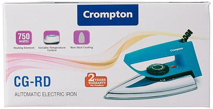 Crompton CG-RD electric iron packaging with product features on a white background
