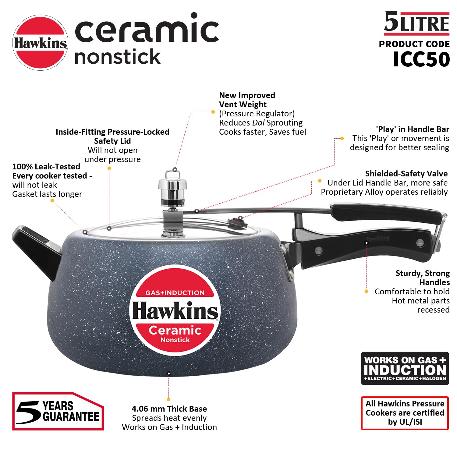 Hawkins ceramic nonstick pressure cooker with features highlighted on a white background