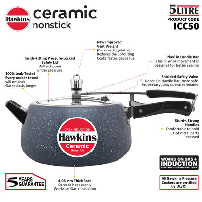 Hawkins ceramic nonstick pressure cooker with features highlighted on a white background