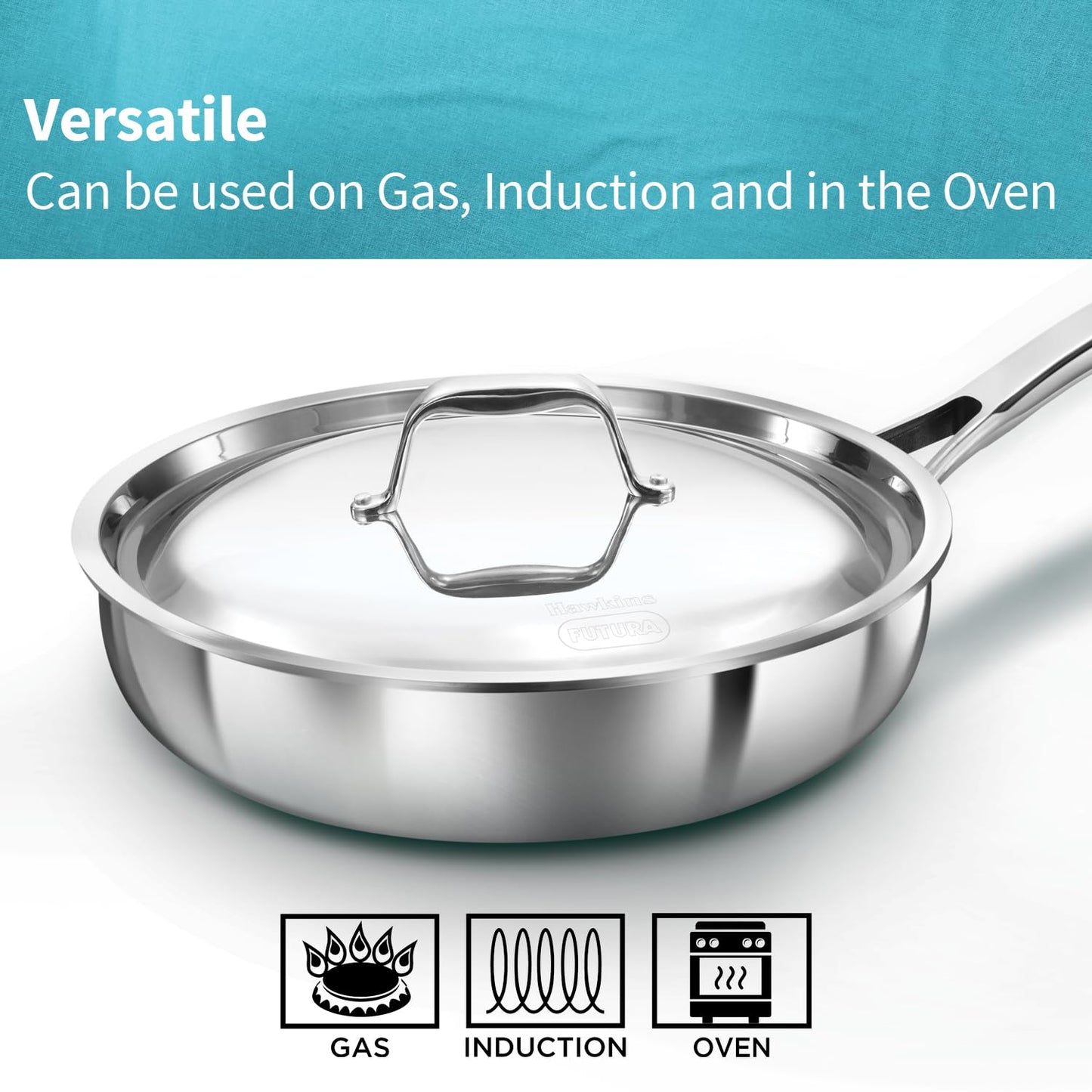 Stainless steel frying pan with lid, featuring versatility text and icons.
