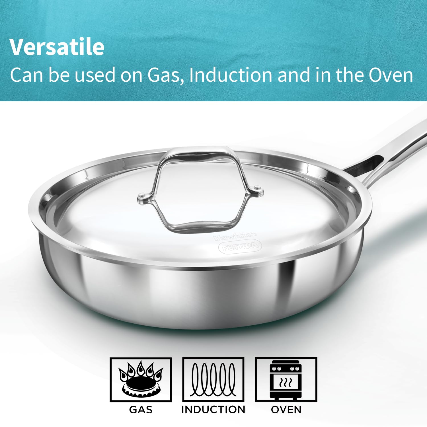 Stainless steel frying pan with lid, featuring versatility text and icons.