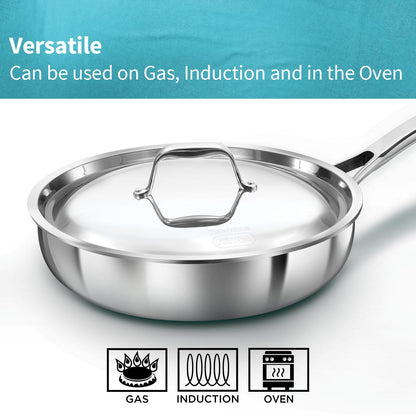 Stainless steel frying pan with lid, featuring versatility text and icons.