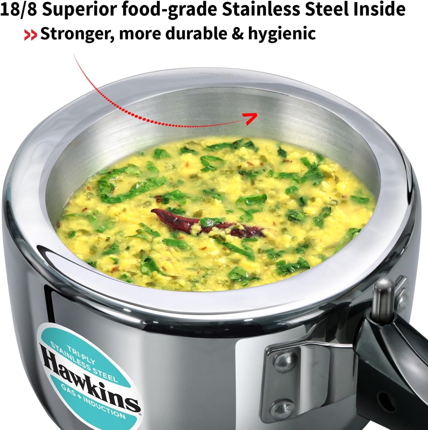 Stainless steel pot with food inside, highlighting 'Hawkins' brand