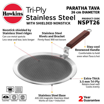 Hawkins Paratha Tava Triply Stainless Steel Shielded Nonstick Tawa with Rosewood Handle