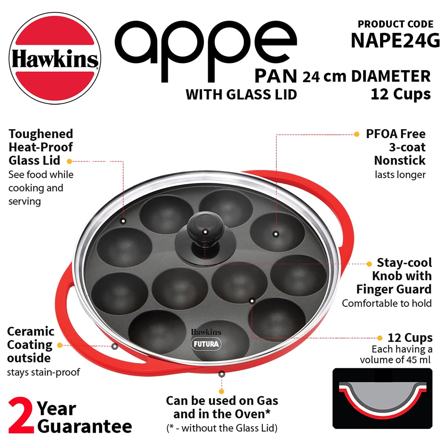 Hawkins Appe Pan Non Stick 12 Cups Paniyaram Pan with Glass Lid, Kuzhi Paniyarakkal, Ponganalu, Litti Pan