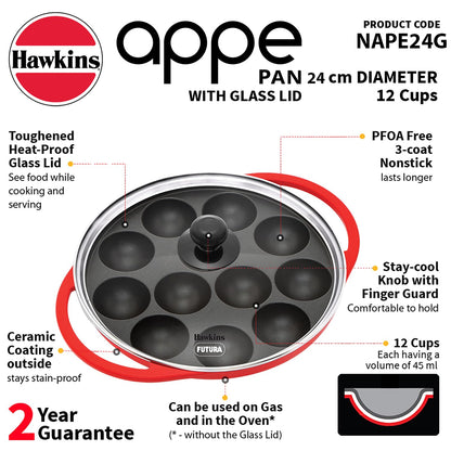 Hawkins Appe Pan Non Stick 12 Cups Paniyaram Pan with Glass Lid, Kuzhi Paniyarakkal, Ponganalu, Litti Pan