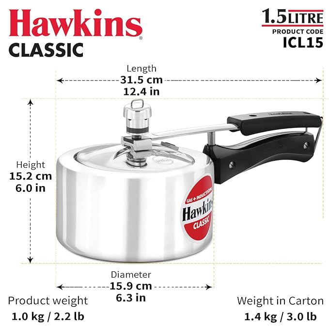 1.5 Litre Hawkins Classic pressure cooker with dimensions and weight details on a white background