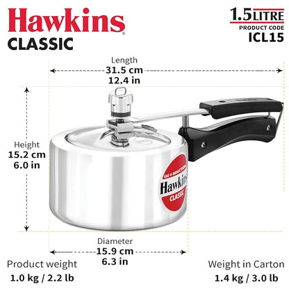 1.5 Litre Hawkins Classic pressure cooker with dimensions and weight details on a white background