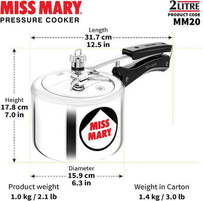 2 Litre Miss Mary pressure cooker with dimensions and product details on a white background
