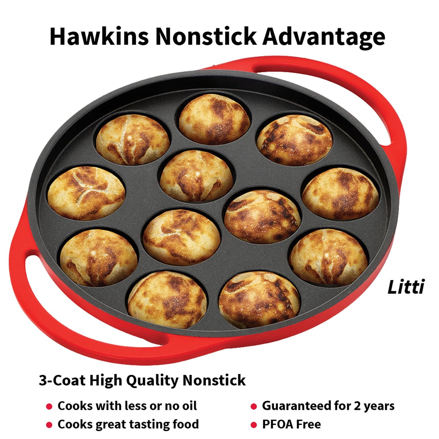 Hawkins Appe Pan Non Stick 12 Cups Paniyaram Pan with Glass Lid, Kuzhi Paniyarakkal, Ponganalu, Litti Pan