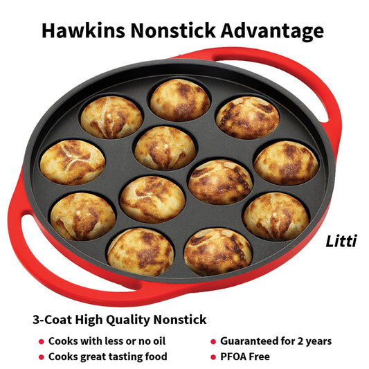 Hawkins Appe Pan Non Stick 12 Cups Paniyaram Pan with Glass Lid, Kuzhi Paniyarakkal, Ponganalu, Litti Pan