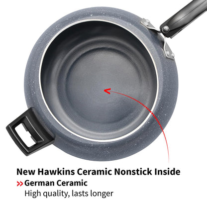 Gray ceramic nonstick cookware with text highlighting German ceramic quality