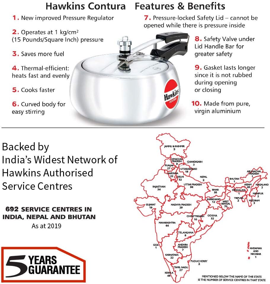 Hawkins Contura pressure cooker with features and benefits listed, including a map of India with service center locations.