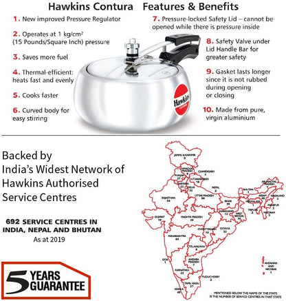 Hawkins Contura pressure cooker with features and benefits listed, including a map of India with service center locations.