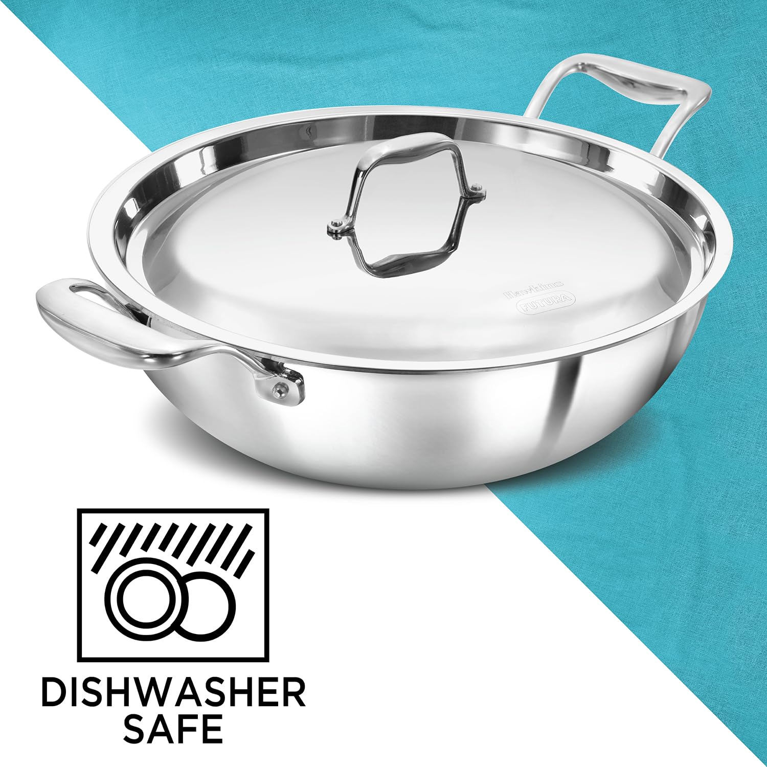 Stainless steel pot with lid on a blue and white background, featuring a dishwasher safe symbol.
