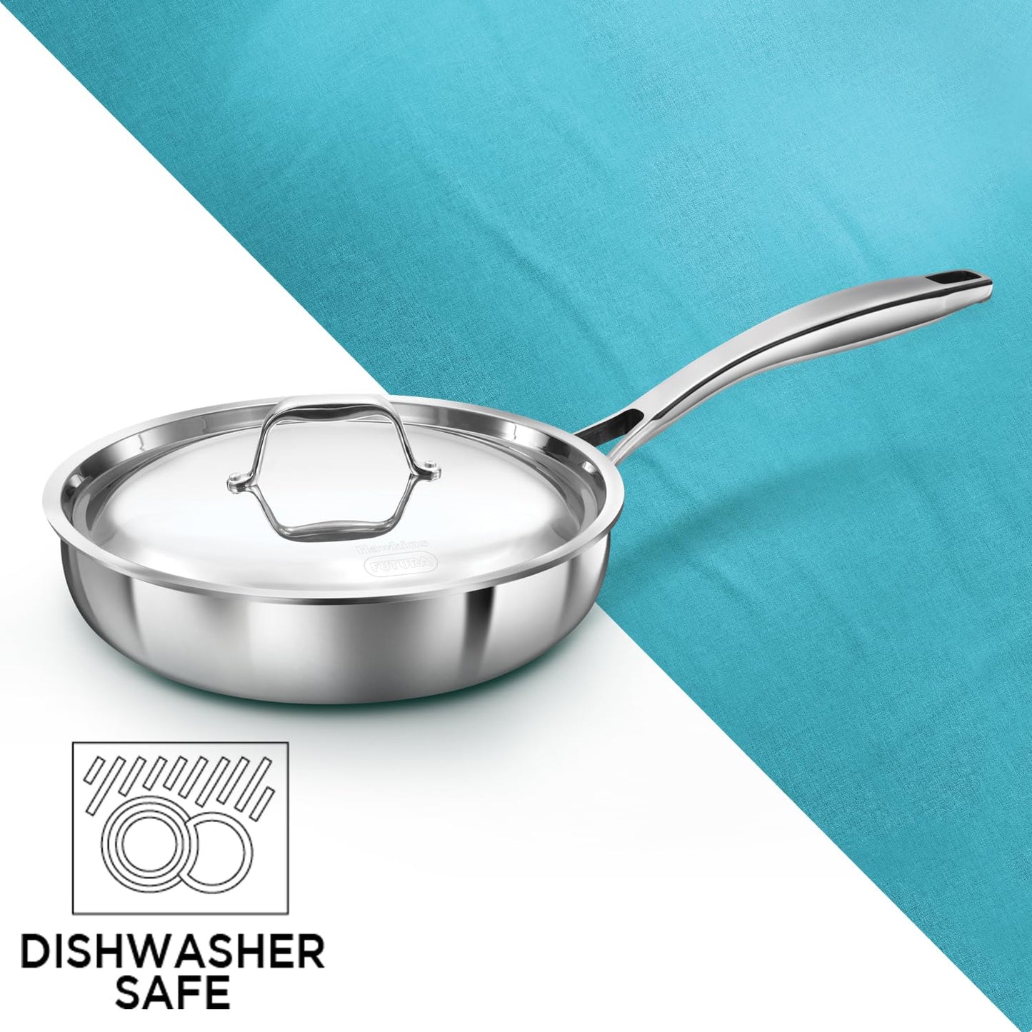 Stainless steel frying pan with lid, dishwasher safe icon displayed.