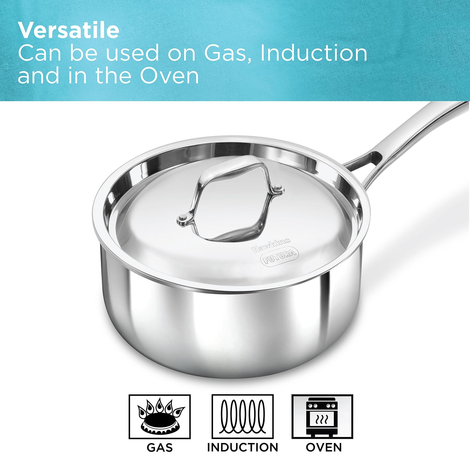 Stainless steel saucepan with lid on a white background, featuring icons for gas, induction, and oven use.