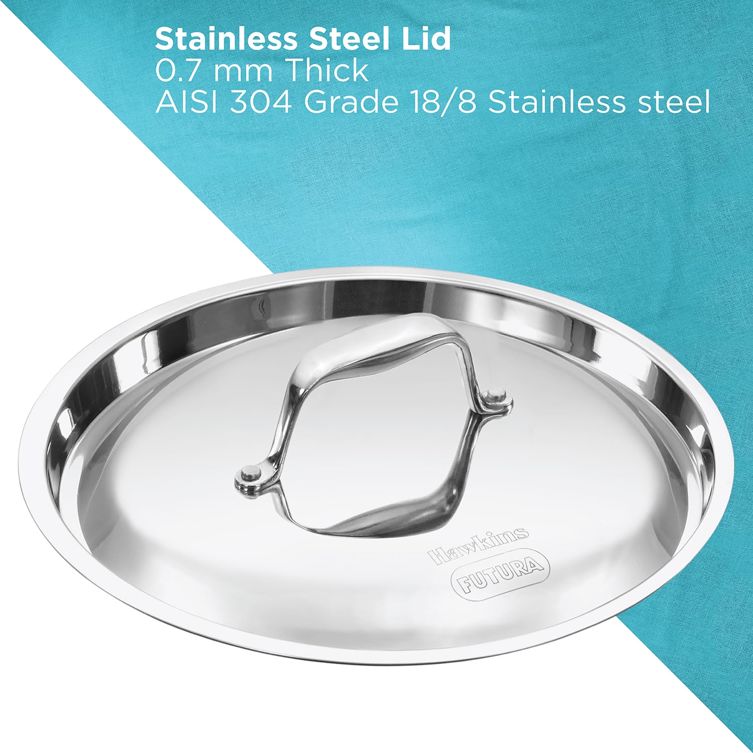 Stainless steel lid with text about thickness and material on a blue and white background
