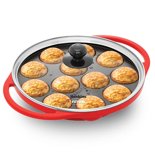 Hawkins Appe Pan Non Stick 12 Cups Paniyaram Pan with Glass Lid, Kuzhi Paniyarakkal, Ponganalu, Litti Pan