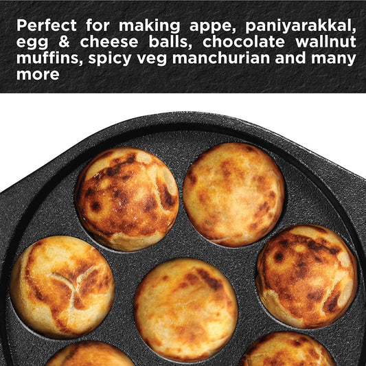 Hawkins Futura Cast Iron Appe Pan Pre-Seasoned Paniyaram Pan with Glass Lid, 8 Cups Kuzhi Paniyarakkal, Litti & Ponganalu Pan