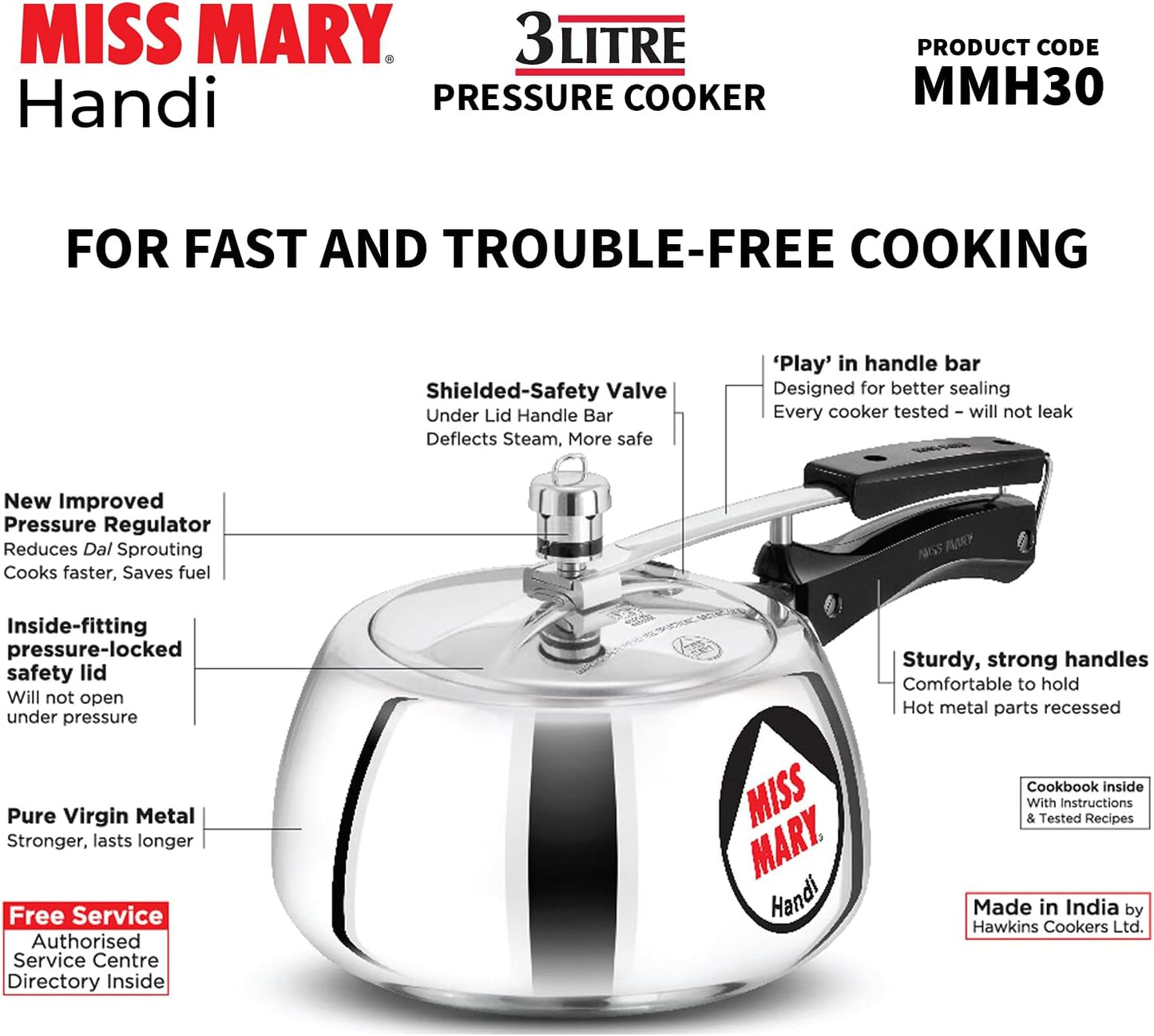 Miss Mary Handi pressure cooker with features highlighted on a white background