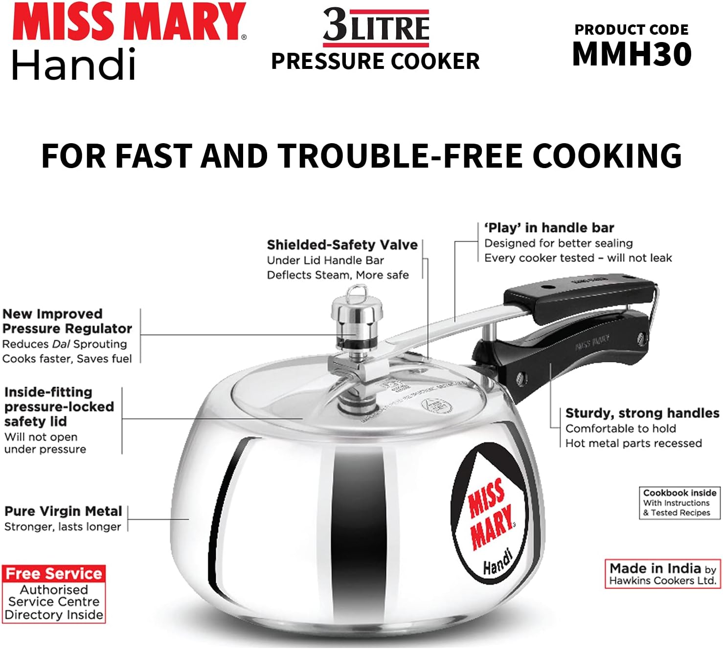 Miss Mary Handi pressure cooker with features highlighted on a white background