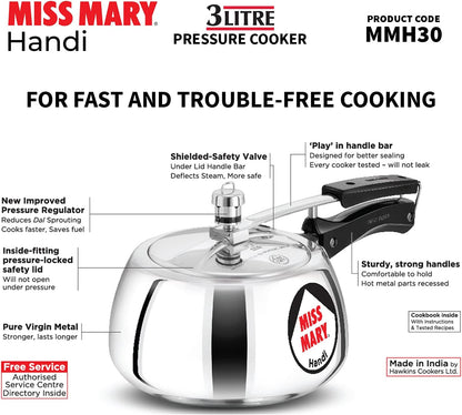 Miss Mary Handi pressure cooker with features highlighted on a white background