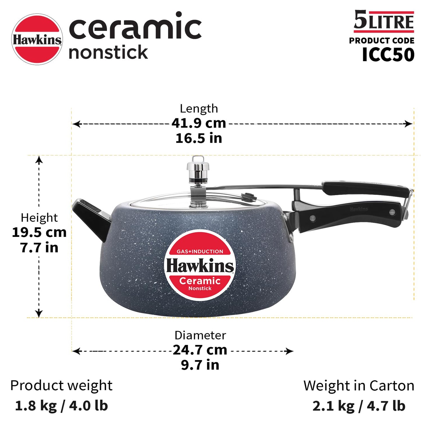 Hawkins ceramic nonstick pressure cooker with dimensions and specifications on a white background