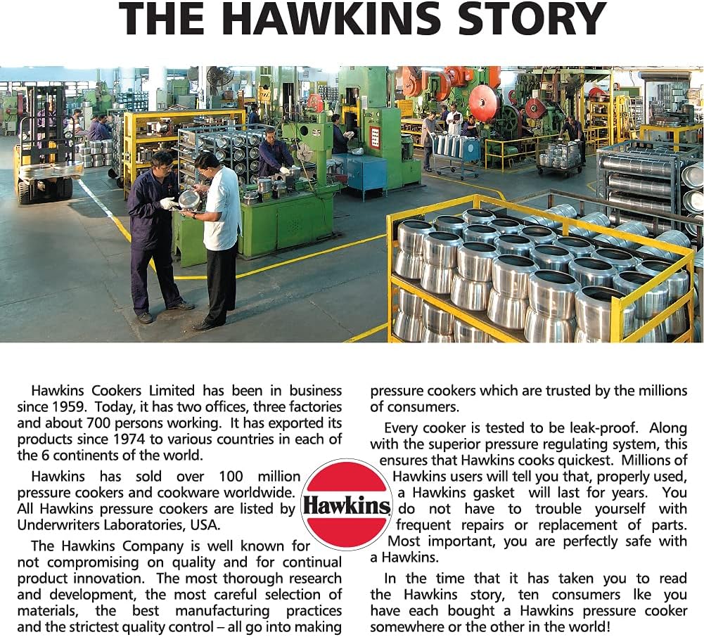 Factory floor with workers and equipment, featuring Hawkins pressure cookers.