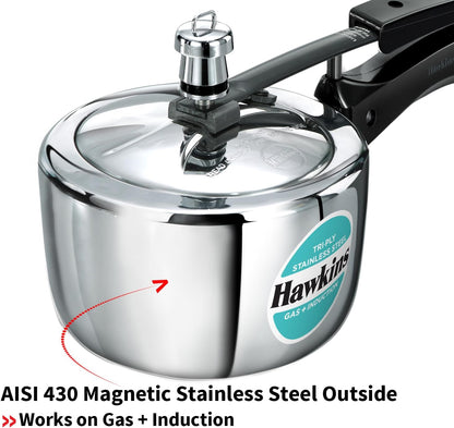 Stainless steel pressure cooker with Hawkins brand label on a white background