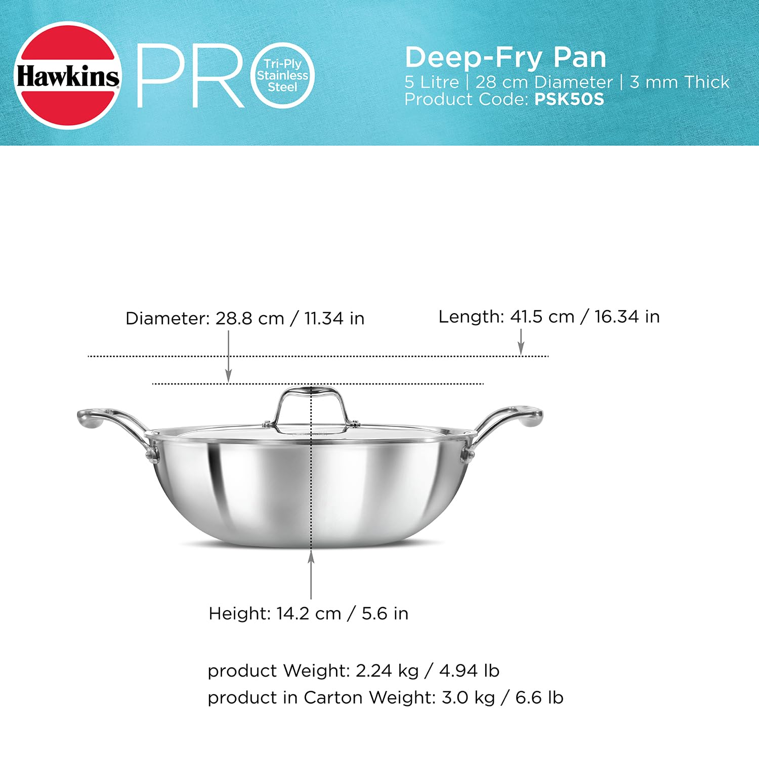 Hawkins Pro deep-fry pan with dimensions and weight details on a white background