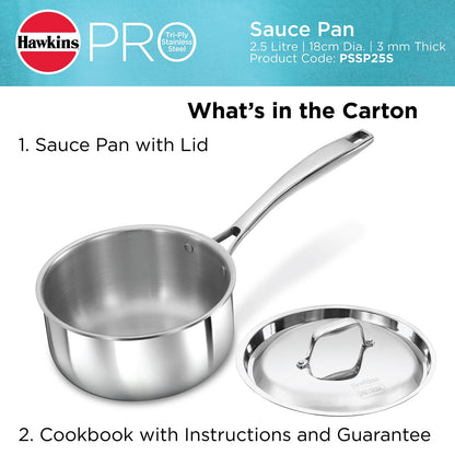 Stainless steel saucepan with lid on a white background, featuring Hawkins Pro branding.