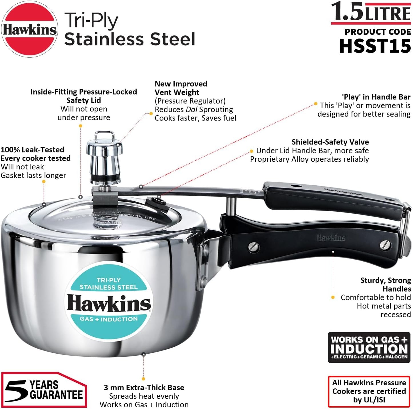 Hawkins Tri-Ply Stainless Steel pressure cooker with features highlighted on a white background
