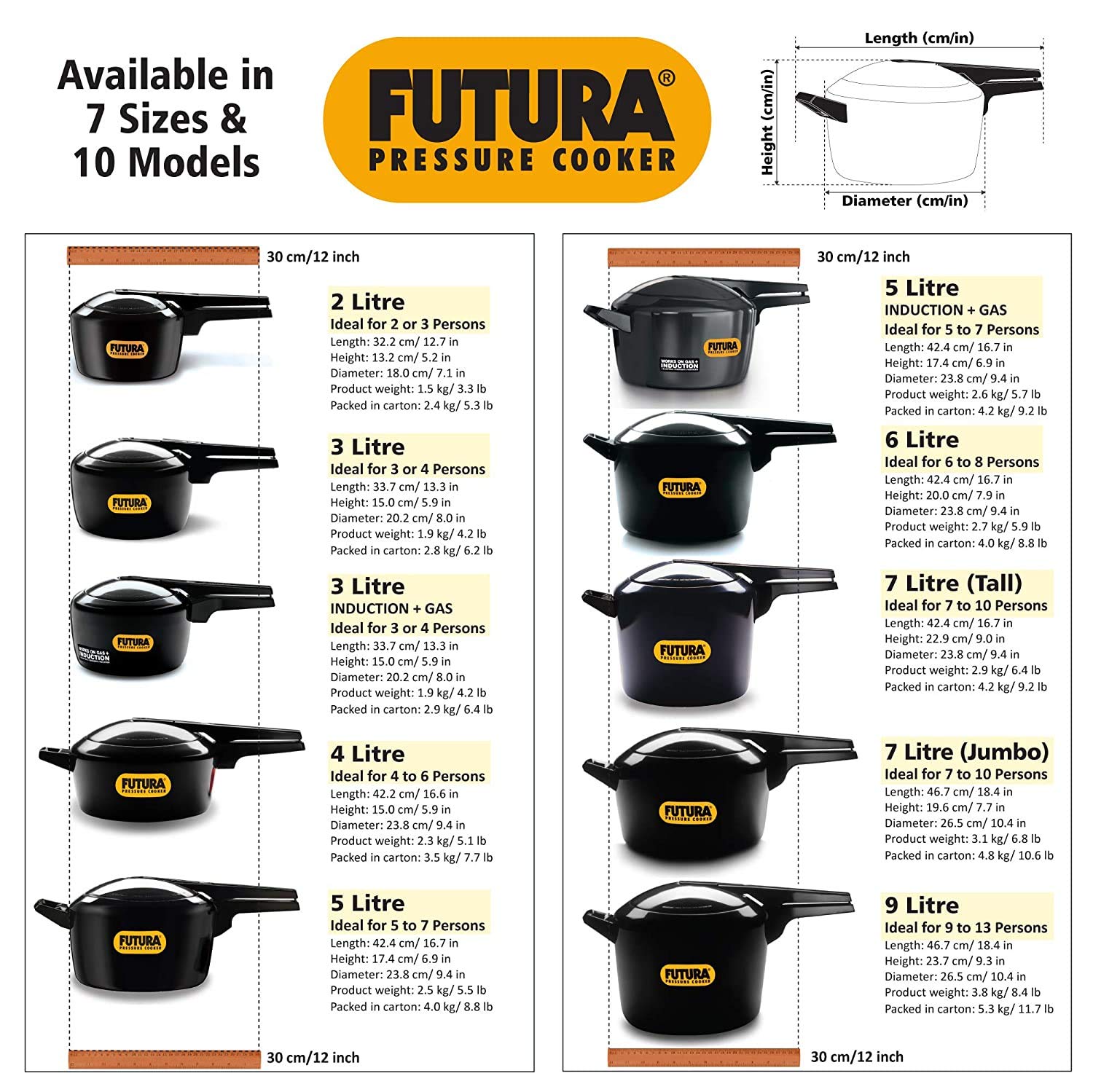Futura pressure cooker size chart with product images and specifications.