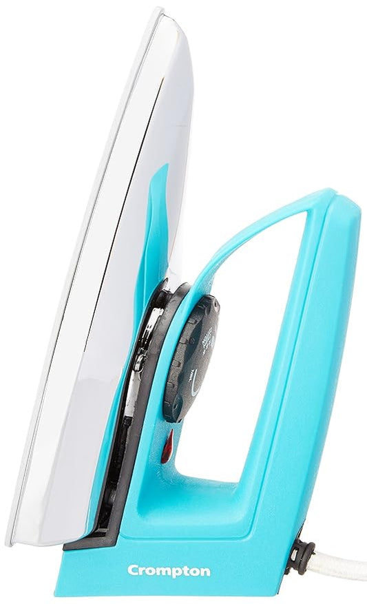 Turquoise Crompton iron on a white background