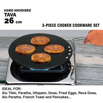 Hawkins Triniti Kitchen Set Tava, Deep-Fry Pan & Inner Lid Pressure Cooker, Hard Anodised Aluminium