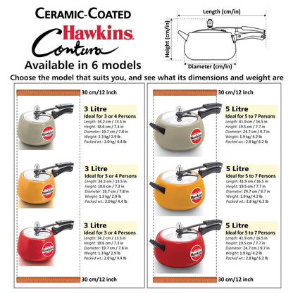 Ceramic-coated Hawkins Contura cookware set with dimensions and weight information.