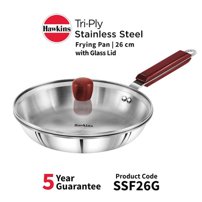 Hawkins Tri-Ply Stainless Steel Frying Pan with Glass Lid