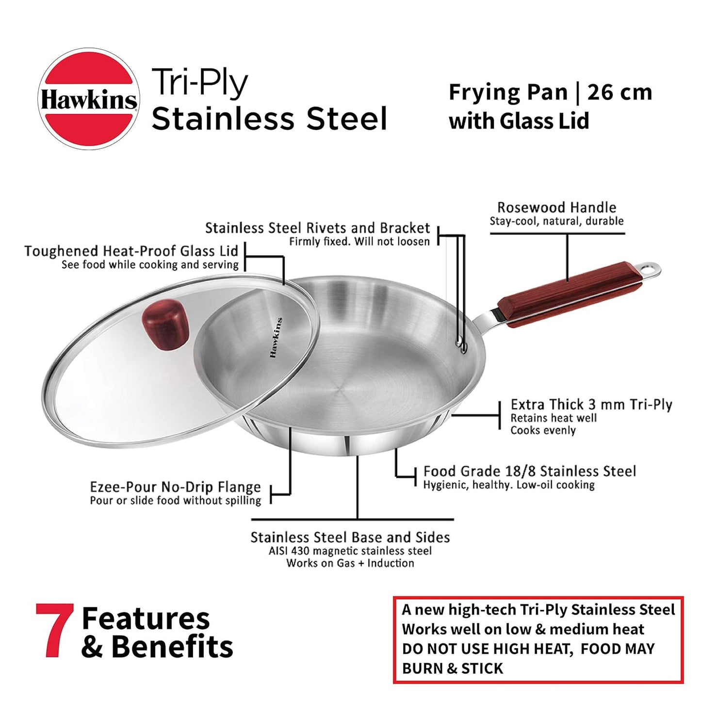 Hawkins Tri-Ply Stainless Steel Frying Pan with Glass Lid