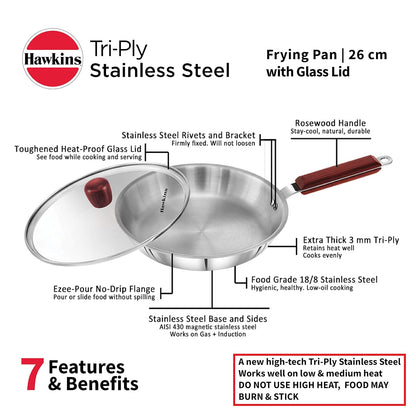 Hawkins Tri-Ply Stainless Steel Frying Pan with Glass Lid