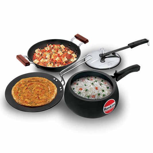 Hawkins Triniti Kitchen Set Tava, Deep-Fry Pan & Inner Lid Pressure Cooker, Hard Anodised Aluminium
