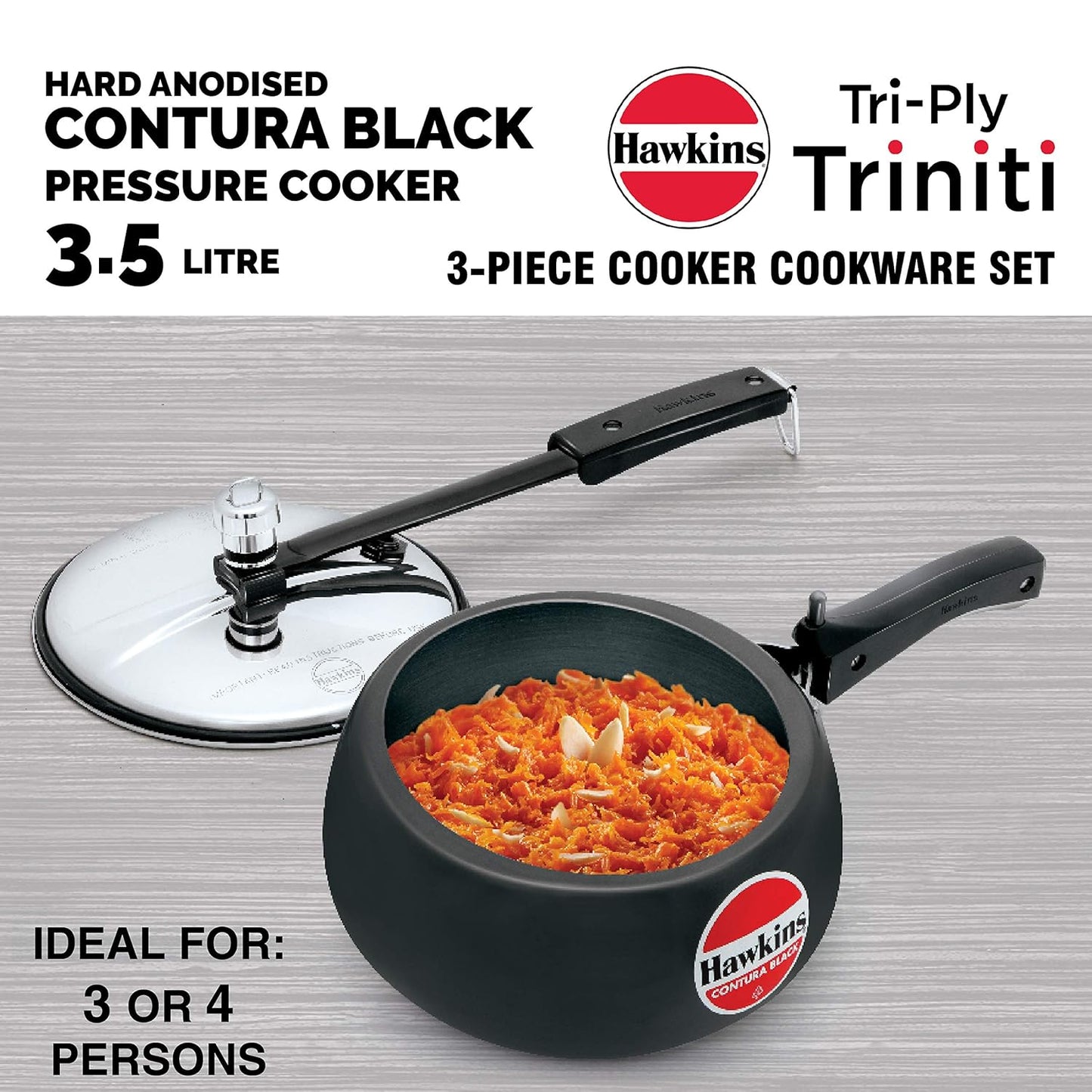 Hawkins Triniti Kitchen Set Tava, Deep-Fry Pan & Inner Lid Pressure Cooker, Hard Anodised Aluminium