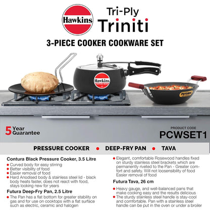 Hawkins Triniti Kitchen Set Tava, Deep-Fry Pan & Inner Lid Pressure Cooker, Hard Anodised Aluminium