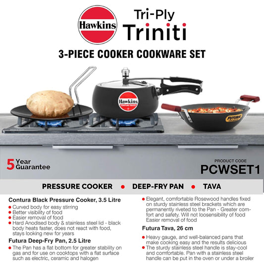 Hawkins Triniti Kitchen Set Tava, Deep-Fry Pan & Inner Lid Pressure Cooker, Hard Anodised Aluminium